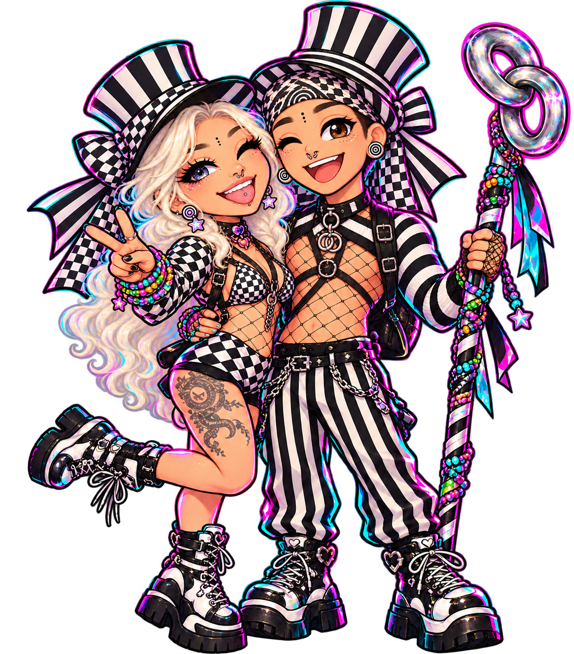 Carlos and Valicity chibi rave couple in striped top hats holding a glowing interlocking rings festival totem
