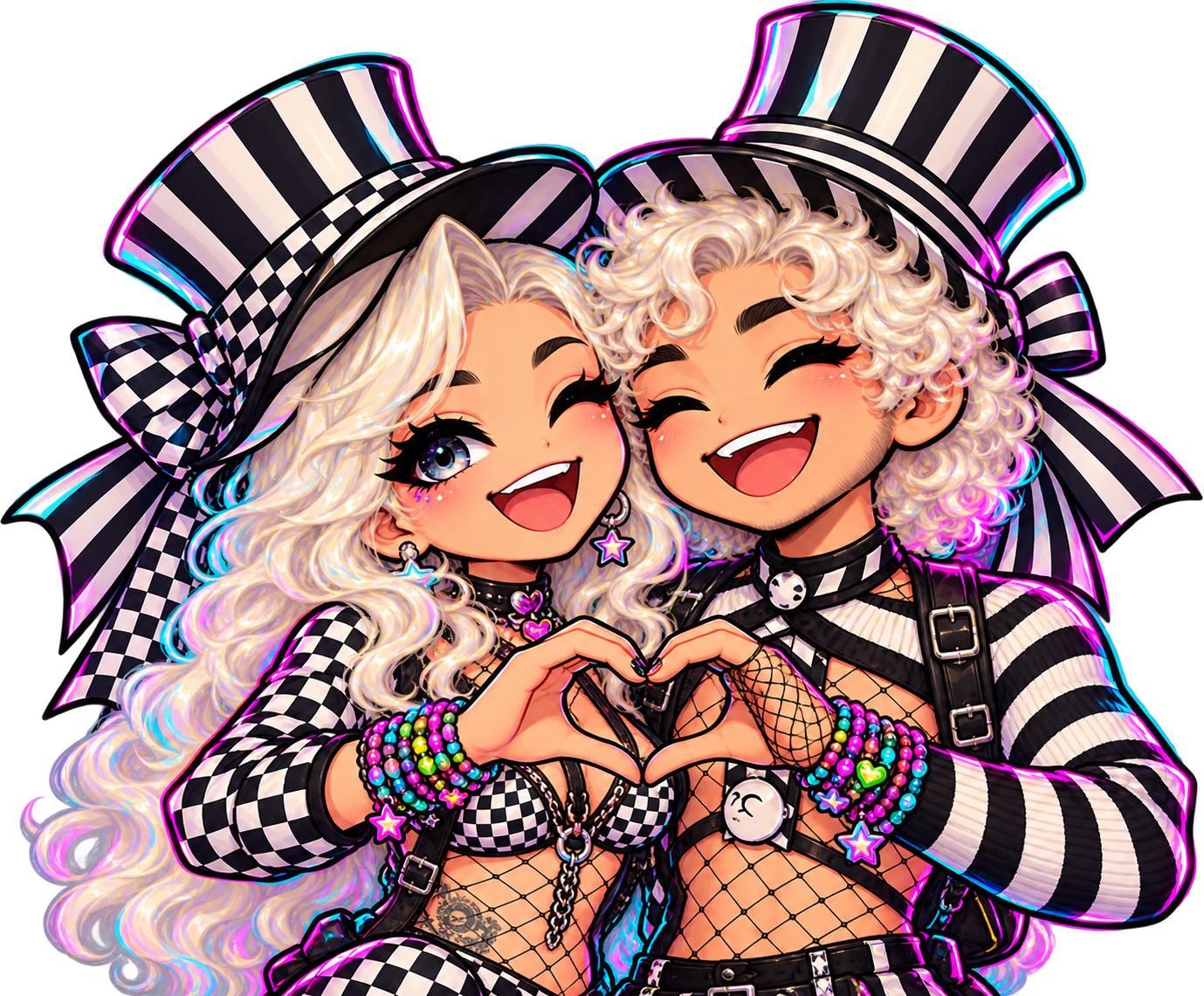 Illustrated chibi rave couple making a hand heart together