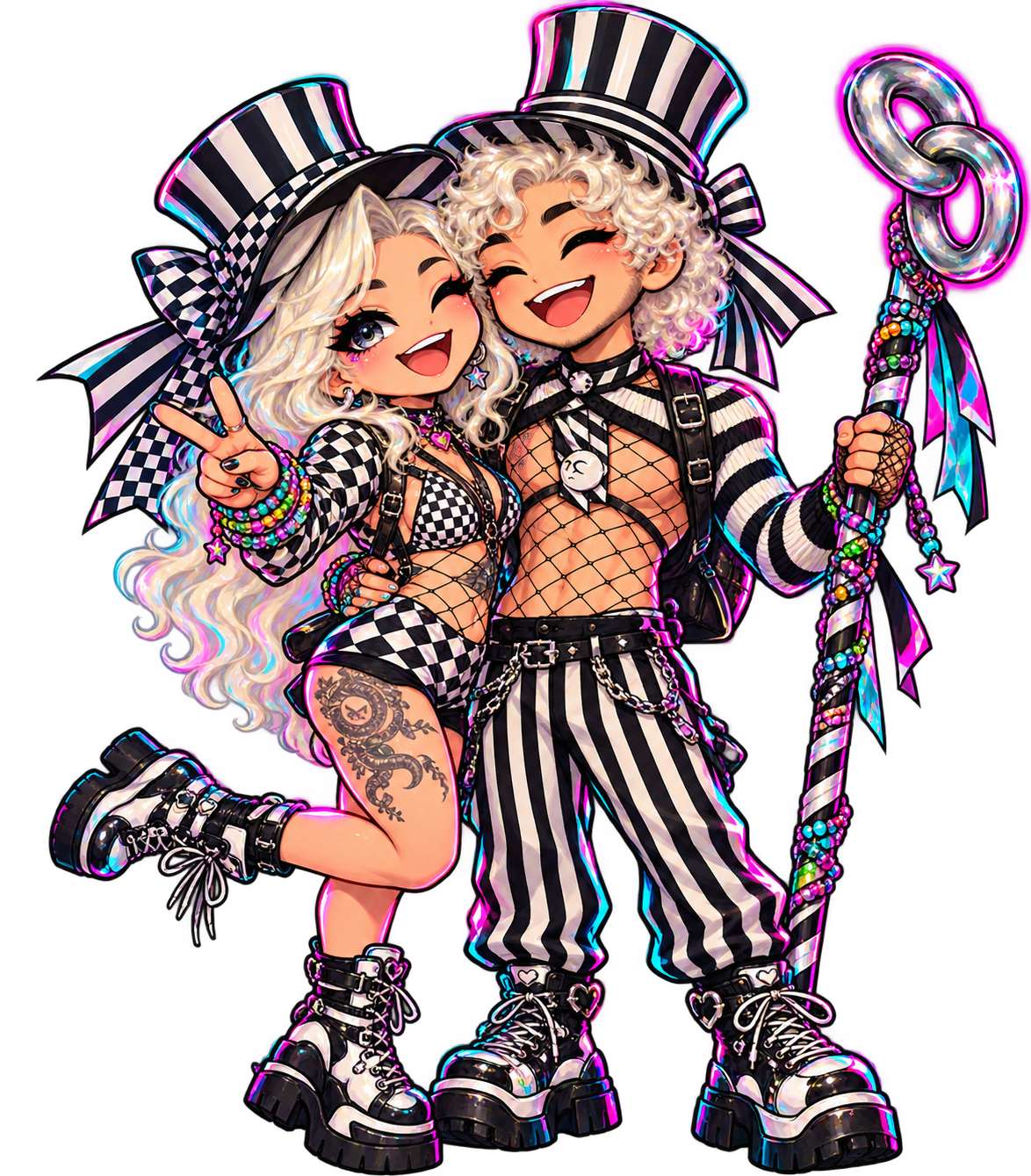 Illustrated chibi rave couple in striped top hats holding a glowing linked-chain festival totem