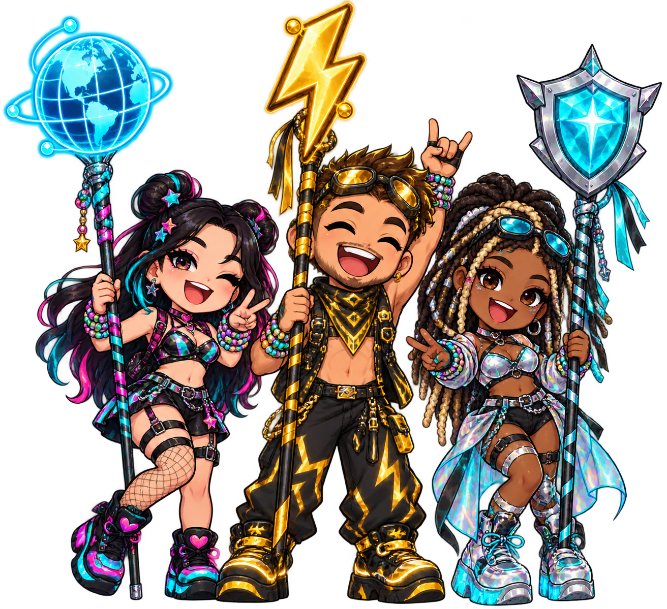 Three illustrated chibi ravers holding globe, lightning bolt, and shield festival totems