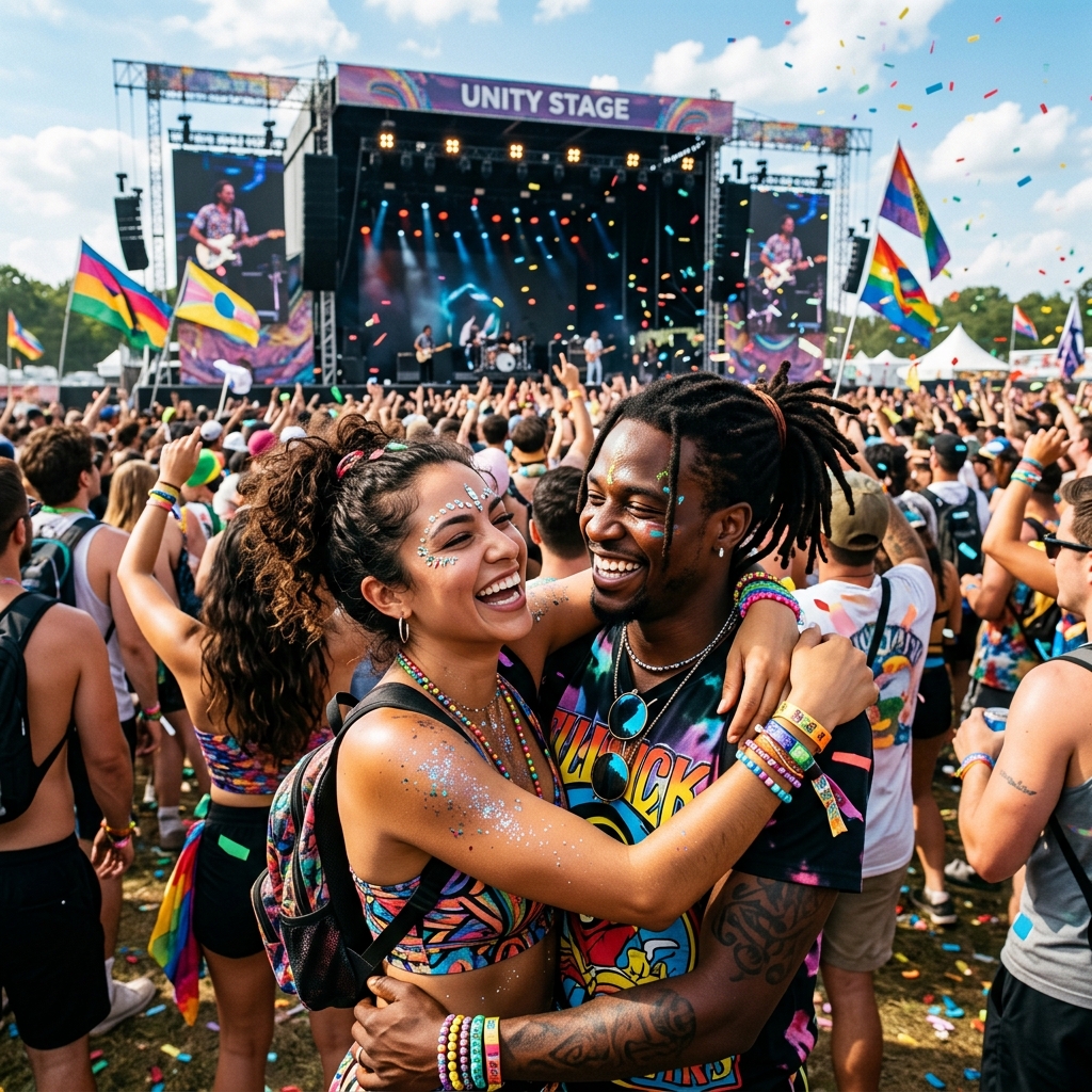 Ravers at the barricade, matched by music and event